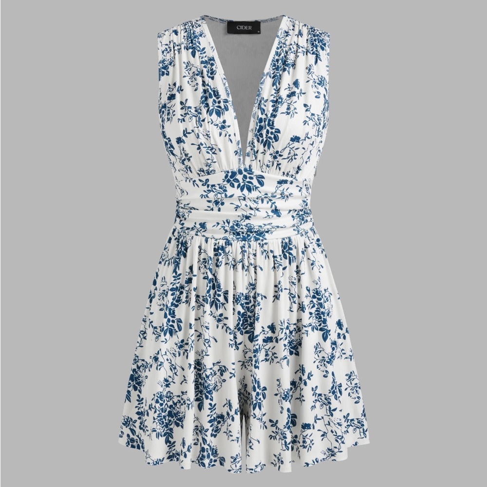 V-Neck Floral Ruched Romper